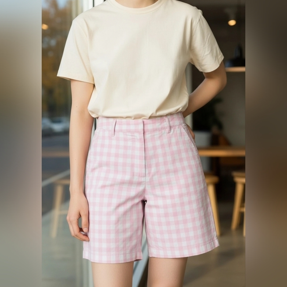 Kim Rogers Women Pink and White Plaid Bermudas Shorts Size 6
